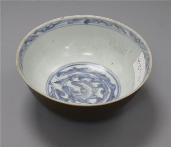 A Chinese brown bowl with blue and white interior diameter 16cm